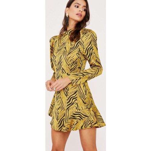 OUMEA Women Spring Tiger Print Dress Long Sleeve Poly Satin Holiday Dress Ruffle High Street Vintage Dress For Ladies