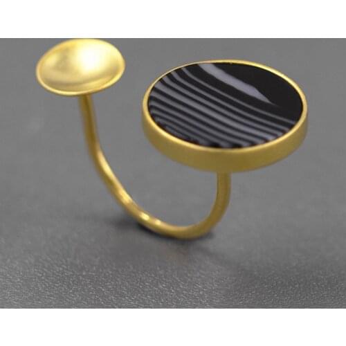 INATURE Natural Black and White Agate Stone Rings for Women 925 Sterling Silver Jewelry Opening Geometric Round Statement Ring