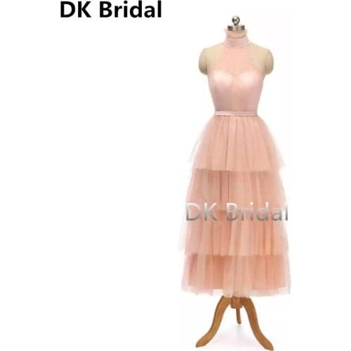 2019 New Tiered Tulle Evening Dresses Long High Neck A Line Tea Length High Quality Formal Prom Gowns Women Party Dresses