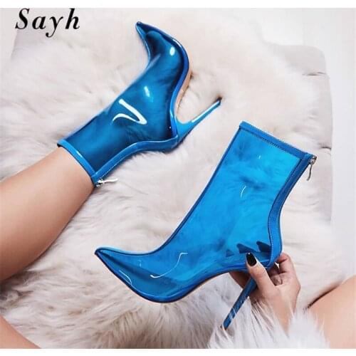 Winter Women Ankle Boots Transparent PU Leather Boots Pointy Toe Fashion Shoes High Heel Pumps Casual Boots
