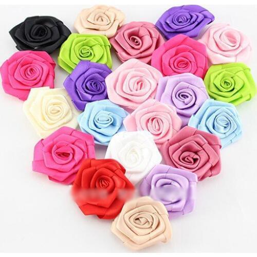 50pcs/lot 1.9" 12colors Mini Satin Ribbon Rose Flowers For Girls Hair Accessories Artificial Fabric Flowers For Kids Headbands