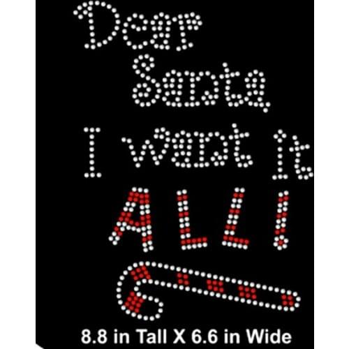 Free shipping dear santa i want it all rhinestones transfers motif iron on for holidays red with white clear crystal