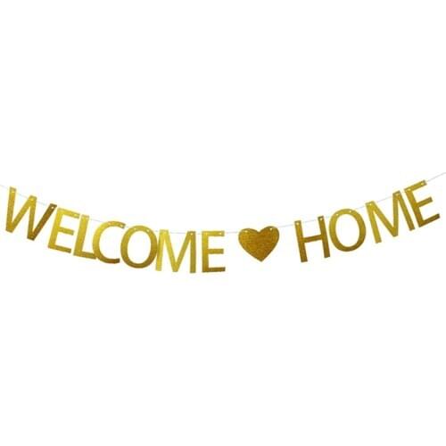 1pc Glitter WELCOME HOME Flags Bunting Flags Banner Hanging Decor Decorative Party Bunting Garland For Wedding Homecoming