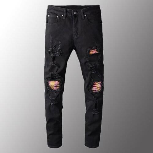 New Men Jeans Luxury Mens Pink Bandanna Patchwork Biker Jeans Black Stretch Denim Holes Ripped Skinny Pants Plus Size 40