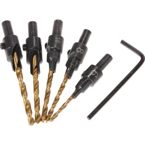 HOEN 5pcs HSS Countersink Drill Cone Bit Set Quick Change Hex Shank For Woodworking Screw Carpentry Reamer Chamfer Milling