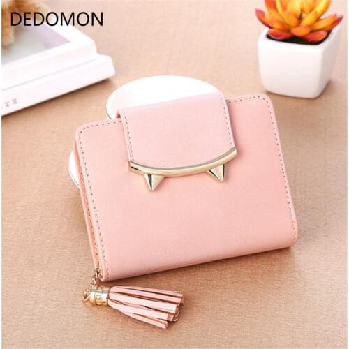 2020 Korean Cute Cat Ears Leather Short Tassel Women Wallet Small Day Clutch Trifold Female Purse ID Coin Card Holder Mini Bag