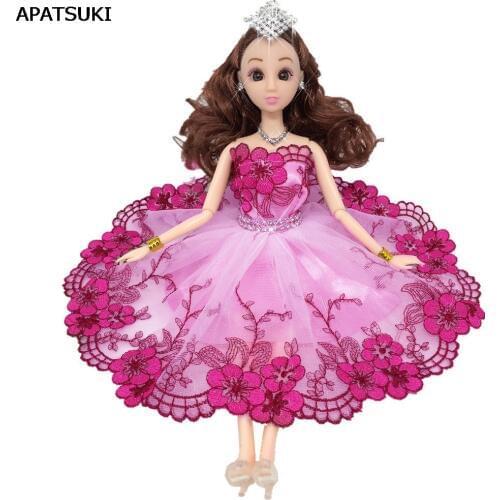 Pink Flower Leaves Crystal Dancing Costume Fashion Clothes For Barbie Doll Lace Dresses 1/6 Fashion Dress For 1/6 BJD Dolls Toy