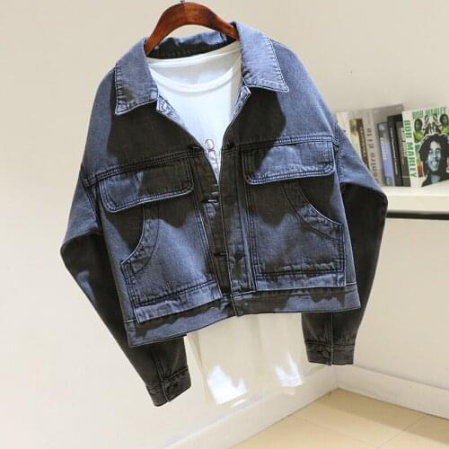 Korean Fashion Dark gray Denim Jackets Women Chaqueta Mujer Long sleeve Big pocket Short Jeans Jacket Coat Female Loose Outwear