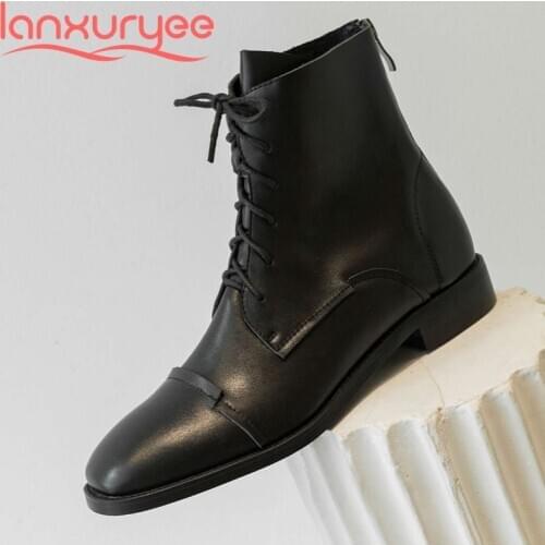 Lanxuryee 2020 new arrival winter shoes genuine leather square toe low heel comfortable young lady streetwear ankle boots L12