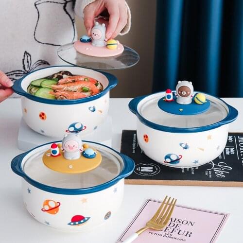 Kawaii Creative Space Instant Noodle Ceramic Bowl With Cover Cartoon Cute Large Capacity Office Fruit Noodle Soup Bowl Tableware