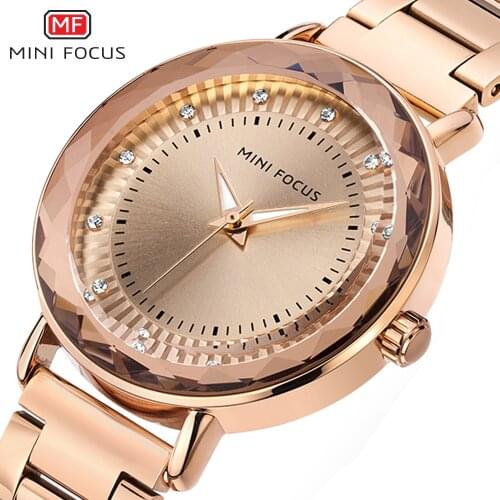 MINI FOCUS Fashion Watch For Women Crystal Rose Golden Stainless Steel Strap Waterproof Top Brand Luxury Watch Simple relojes