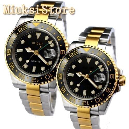 BLIGER 40mm Mens TOP Luxury GMT Watch Sapphire Glass Ceramic Bezel Luminous Stainless Steel Waterproof Mens Automatic Watch