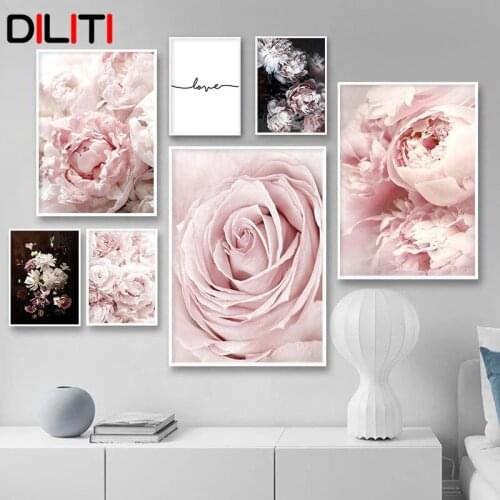 Pink Flowers Rose Peony Wall Art Canvas Painting Minimalism Love Quotes Nordic Posters and Prints Pictures for Living Room