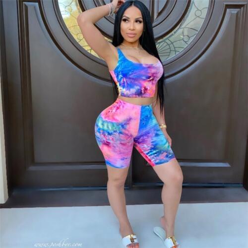 New Women Yoga Set 2PCS Sport Set Tie Dyeing Sleeveless Patchwork High Waist Elastic Band Short Pants Yoga Fitness Sports 2020