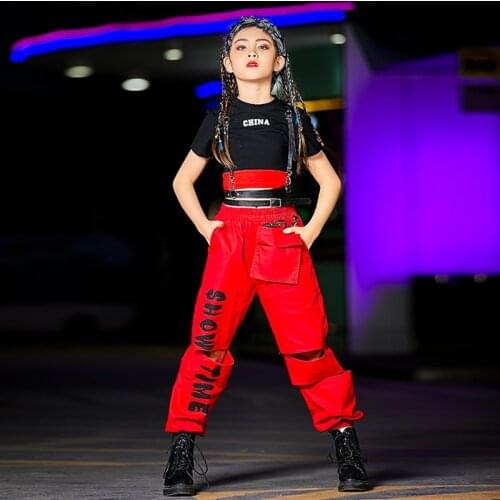 Hip Hop Clothes For Girls Cool Street Dance Outfit Short Sleeves Hip Hop Suit Red Pants Kids Catwalk Jazz Stage Wear DNV14544