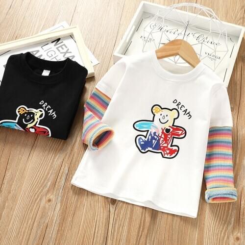 Teenster Autumn Little Children Clothes Stripes Cartoon Printed Long Sleeve Shirt Korean Girls Costume Cute Fall Kids Tops