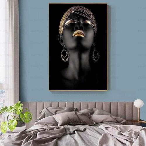 Nordic African Woman Poster Black Gold Modern Canvas Painting Posters and Prints Wall Art Pictures for Living room Home Decor