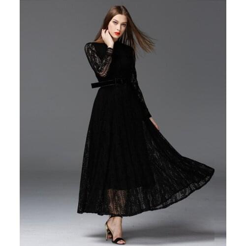 European Style Perspective Big Swing Lace Women Dresses Slim Long Sleeve Black Maxi Dress High Quality Elegant Party 16345 dress