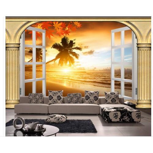 Roman column window sunset beach sea view classic wallpaper for walls living 3d wallpaper Home Decoration