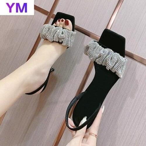 Sandals Straps Cross-Shoes for With Heel Slingback Womens Summer Square Toe Zapatillas De Casa Sapatos Femininos Women Slides