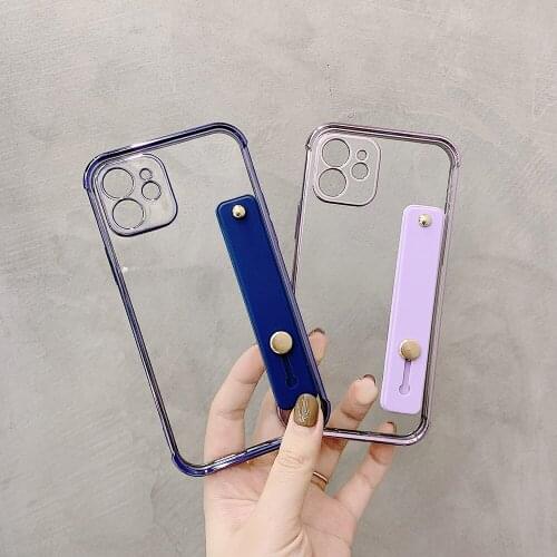 Luxury 6D Plating Transparent Wristband Bracket Phone Case for IPhone 12 11 Pro Max XR X XS 11 12Pro Max 7 8 Plus Silicone Coque