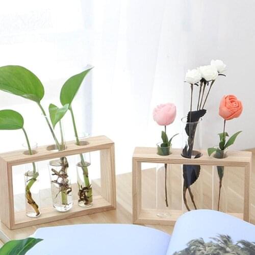 Wooden Frame Glass Vase Terrarium Bonsai Dry Flower Pot Room Table Decor