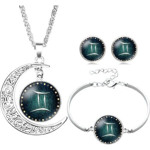 Vintage Twelve constellations Round Pendant Jewelry Sets For Women Geometry round Earring Necklace Wedding Accessories Bijoux