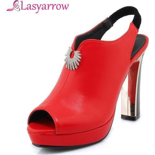 Lasyarrow Brand Shoes Woman Slip On Peep Toe Shoes Pumps Ladies Black White Red Stiletto Thick High Heels Gladiator Shoes RM221