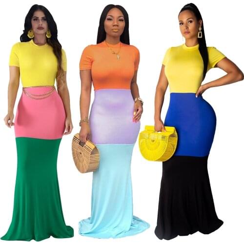 Contrast Color Spliced Sexy Mermaid Dress Women O Neck Short Sleeve Package HipDress Summer High Waist Long Maxi Bodycon Dress