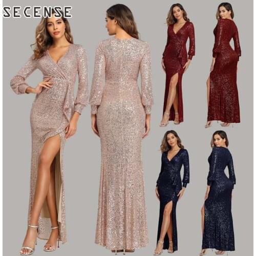 Womens Maxi Sequined Fantasy Ladies Long Dresses V-Neck Sexy High Slit Long Sleeve Party Evening Dress Charming Elegant Skirt
