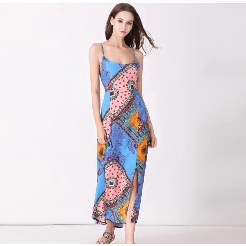 AIYANGA Printed Spaghetti Strap Dress Women 2019 Summer Long Dresses Female Slash Neck Sexy Beach Dress Holiday Bohemian wear