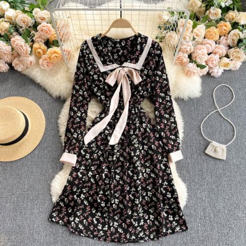 Preppy Style Maxi Dress Women Casual Floral Printed Chiffon Dresses Robe Puff Long Sleeve Vestidos Woman Clothes Female Clothing