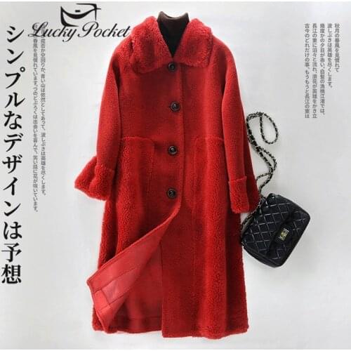 Winter Ladies Turn-down Collar Wool Thick Fur Coat Women Long Red Fashion Parkas Plush Coat Female Slim Lamb Fur Pocket Coat ML4