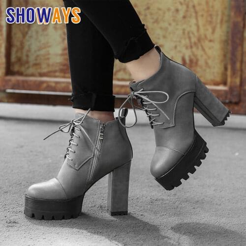 Winter British Women Martin Platform Boots PU Leather Round Toe Chunky Block High Heel Casual Lady Lace Zipper Short Ankle Boots