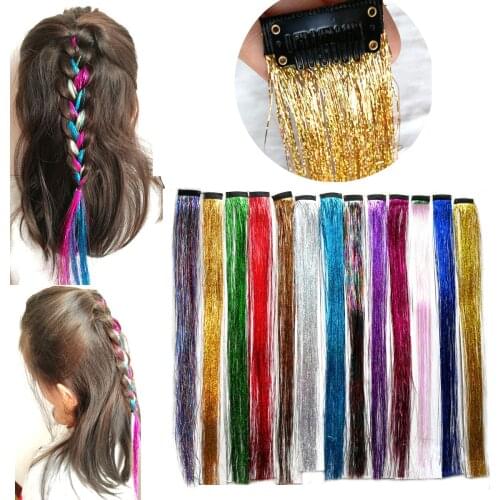 1PCS 13colors 45cm Hair Tinsel With BB Clip In Sparkling Hair Extension Easy Attach Fashion Glitter Hair Accessories For Women