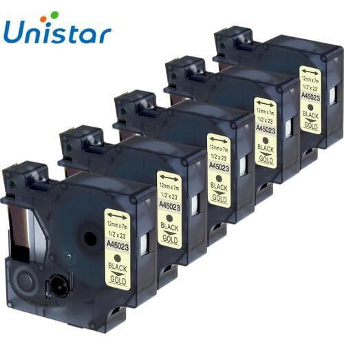 5PCS/Lot Compatible for Dymo for D1 Tape 12mm Black on Gold 45023 Lable Ribbons for Dymo for D1 Label Printer 12mm*7m Label Tape