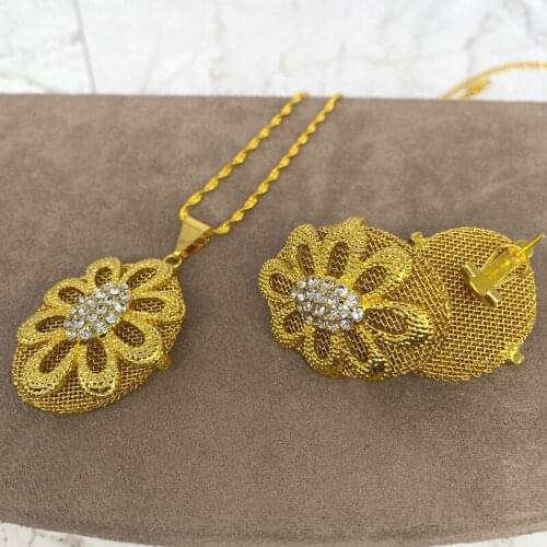 Conjuntos de joyería nupcial Africana chapada en oro de 24K para mujer, collar, pendientes, pulsera, regalos del anillo conjunto