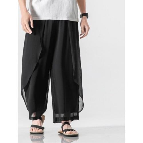 Chinese Style Men Chiffon Pants Streetwear Vintage Wide Leg Pants Male 2021 Summer Loose Casual Kimonos Trousers Mens 30374