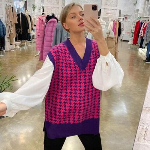 COKAGO Oversized Houndstooth Knitted Vest Sweater women V Neck Sleeveless Sweaters Pullover Female Waistcoat Chic Tops