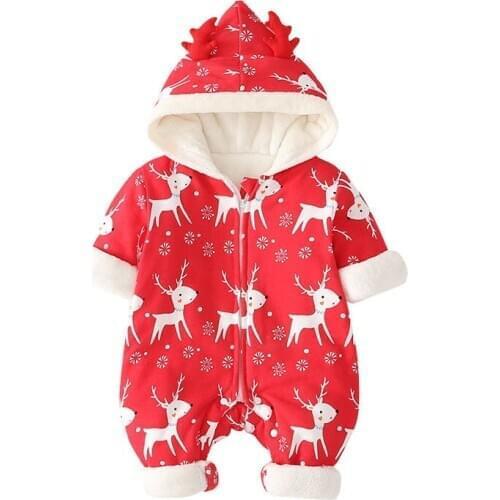 Baby Hooded Christmas Romper Bebe Winter Red Velvet Zipper Jumpsuit Deer Ear Animal Role Cosplay Costume for Toddler Boy Girl