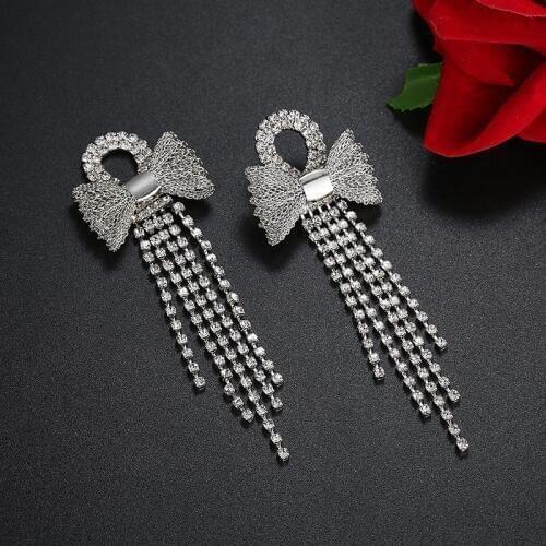 FYM fashion bowkont shape white color Rhinestone Vintage Tassel Earrings Drop Earring For Women Jewelry Long Dangle Earring