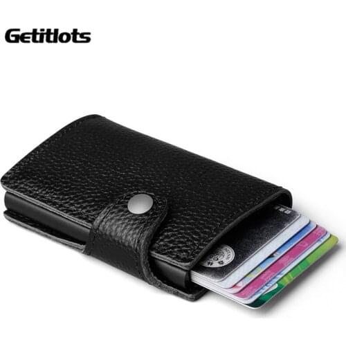 ID Card Holder Genuine Leather Men Aluminum Wallet Pocket Card holder RFID Blocking Mini Male Automatic Credit Card Case Purse