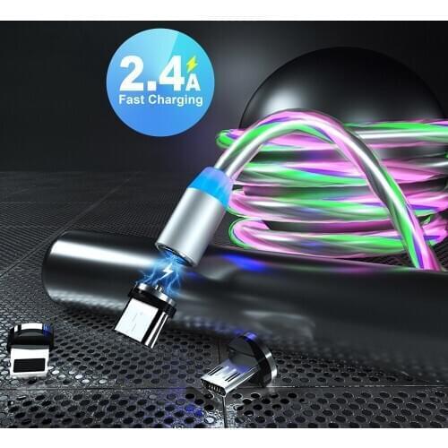 Magnetic Flowing Light Cable LED Type C USB Cable Fast Charging For iPhone X Xs Max Micro USB Cable Magnet Charger USB C Cable