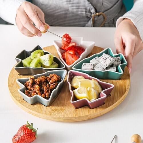 Ceramic Fruit Plate Creative Christmas Tree Separated Snack Plate Rotatable Bamboo and Wood Tray Household Snacks Candy Platter