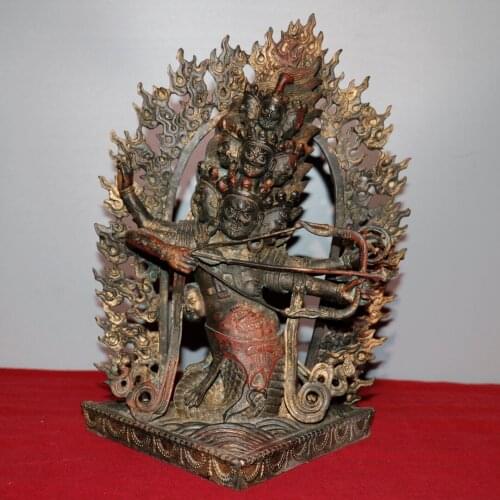 13"Chinese temple collection Old Bronze Cinnabar Lacquer 4 arms Mahakala Wrathful Deity Buddha Archery Ornaments Town House