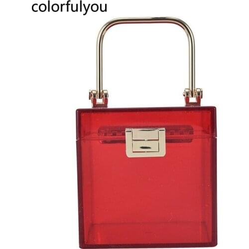 Candy Colors Acrylic Mini Box Bag Women Transparent Handbag Fashion Metal Handle Party Purses 2021 Summer New Totes