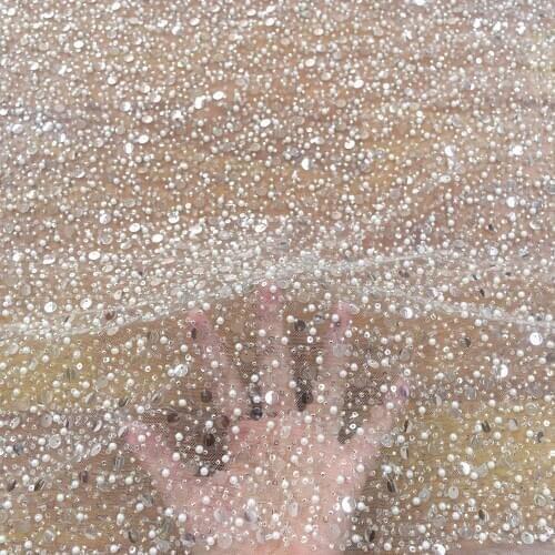 2021 High Quality White Pearls Beads Bridal Tulle Embroidery Lace Fabric with Shining Silver Sequins HY1334