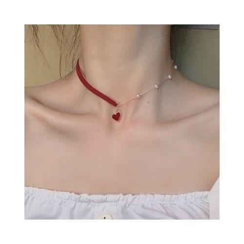 Fashion Female Rope Necklace Red Heart Pendant Pearl Chain Necklace Jewelry For Women Party Gift Wholesale