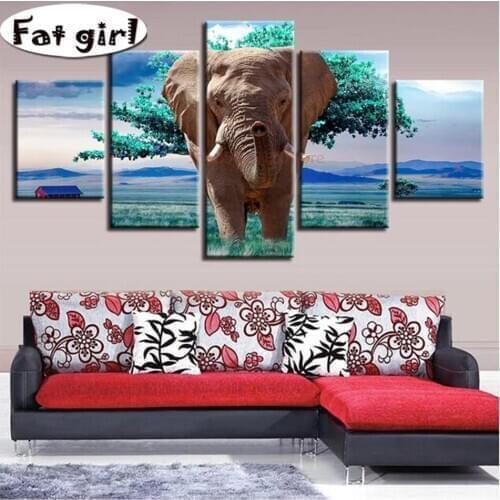 5 Panel Diamond Painting 5d Animal Elephant Cross Stitch Kits Diy Wall Hanging Tree Full Square Round Drill Handmade decoration