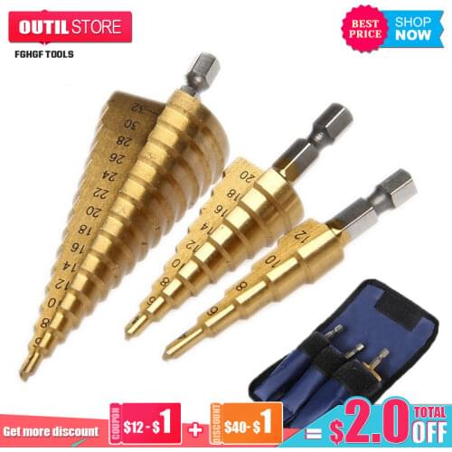 FGHGF 3pcs 1/4" Hss Step Cone Taper Drill Bit Cutter Set Hole Metric Titanium Coated Metal Hex Stepped Drill Bits 4-12/20/32mm